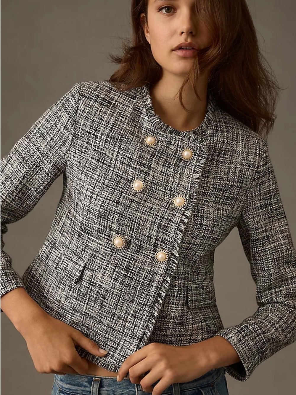 Maeve Anthropologie Womens Black White Tweed Double Breasted Jacket 12P Career